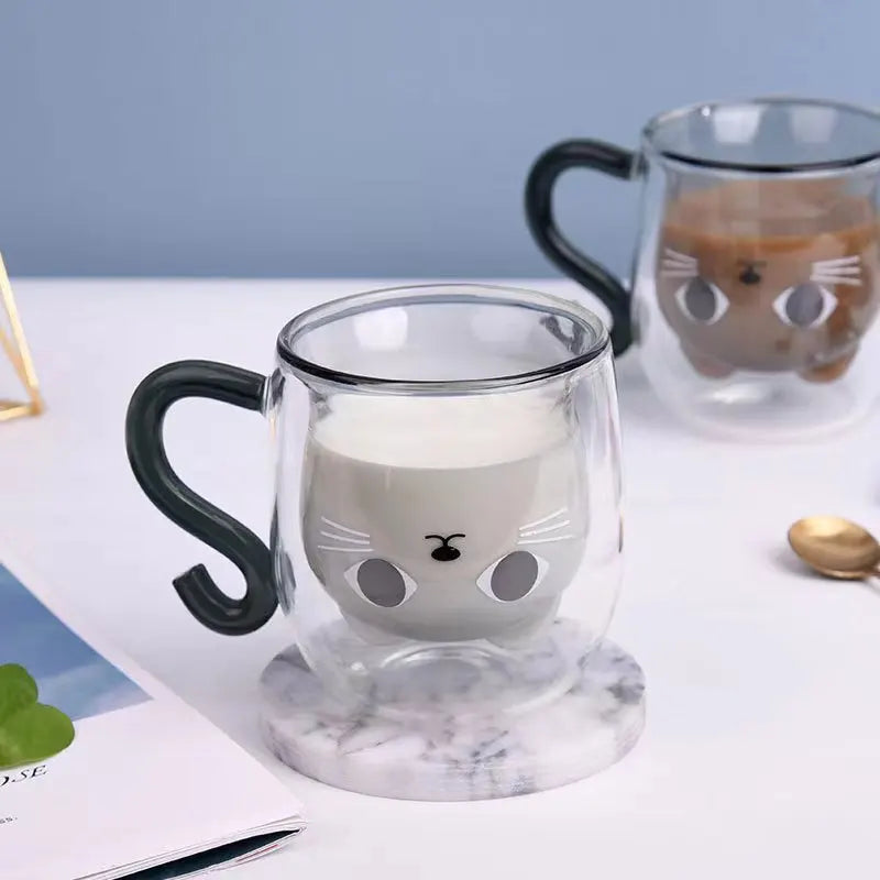 Black Cat Mug Cute Mug With Handle Double Walled Coffee Mug Kawaii Cat Presents for Tea Cup Birthday Gifts