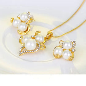 Cross Border Hot Selling European and American Three Piece Necklace Ring Earring Jewelry Set Bride Pearl Jewelry Set