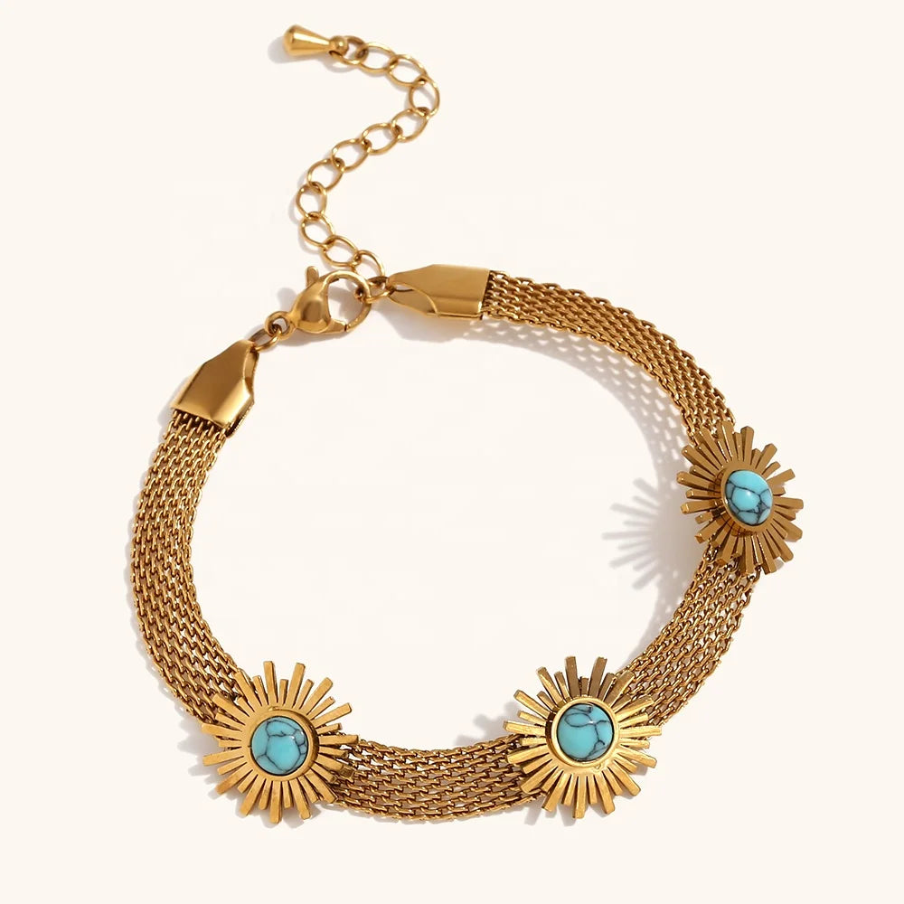 Dingran New Designer Fashion Turquoise Bracelet Sunflower Chain Bracelet Gold Plated Waterproof Jewelry