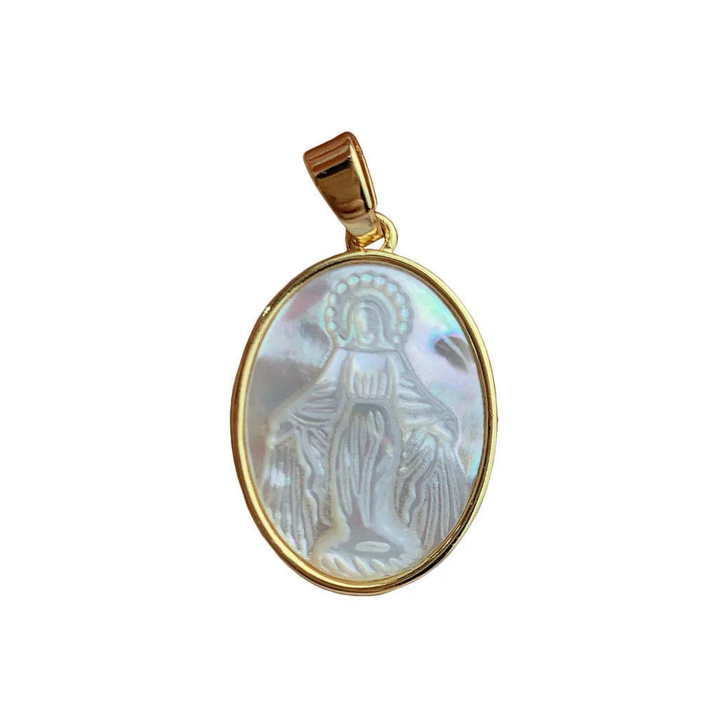 18K Gold Plated Medal Virgin Mary  Charms Women Natural Mother of Pearl Shell Pendant