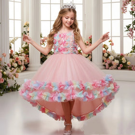 Three Dimensional Rose Pattern Children Party Dress Multi-layer Big Girl Dresses for 12Y Big Bow Wedding Gown for Girls