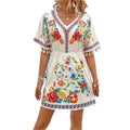 RNSHANGER Bohemian Retro Women's Dress Casual Floral Print Short Sleeve Mini Summer Ladies Dress Elegant Clothing