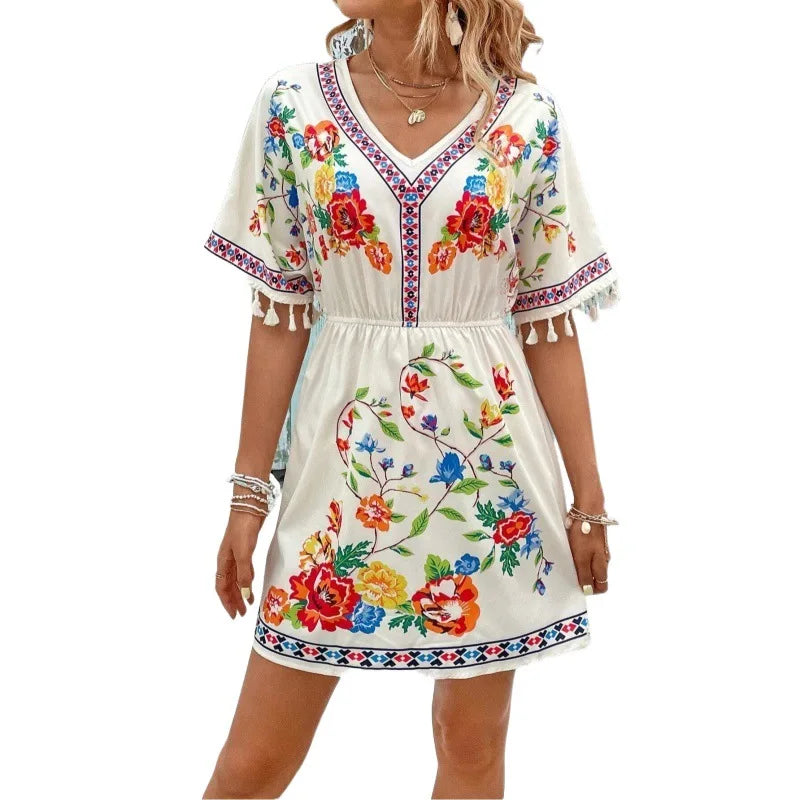 RNSHANGER Bohemian Retro Women's Dress Casual Floral Print Short Sleeve Mini Summer Ladies Dress Elegant Clothing