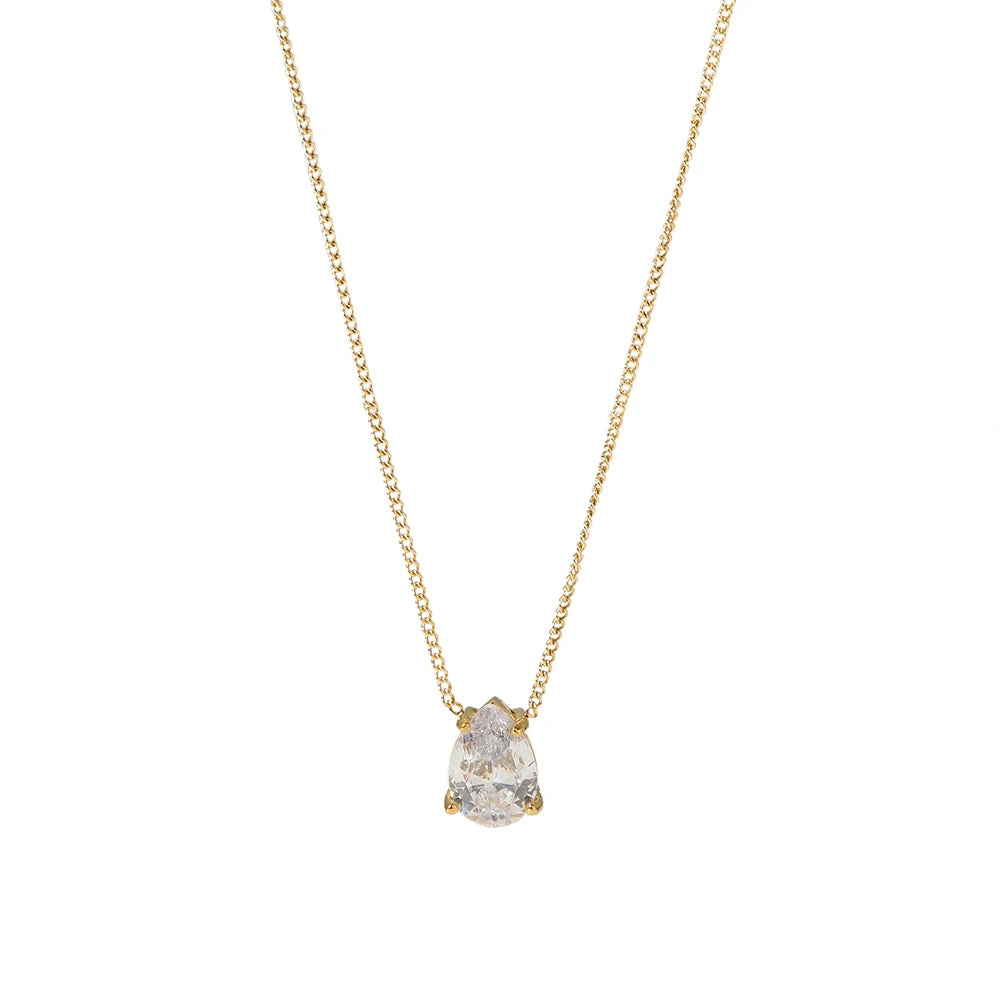 Wholesale Stainless Steel 18K Gold Plated White Cubic Zircon Diamond Water Drop Pendant Choker Necklace for Women