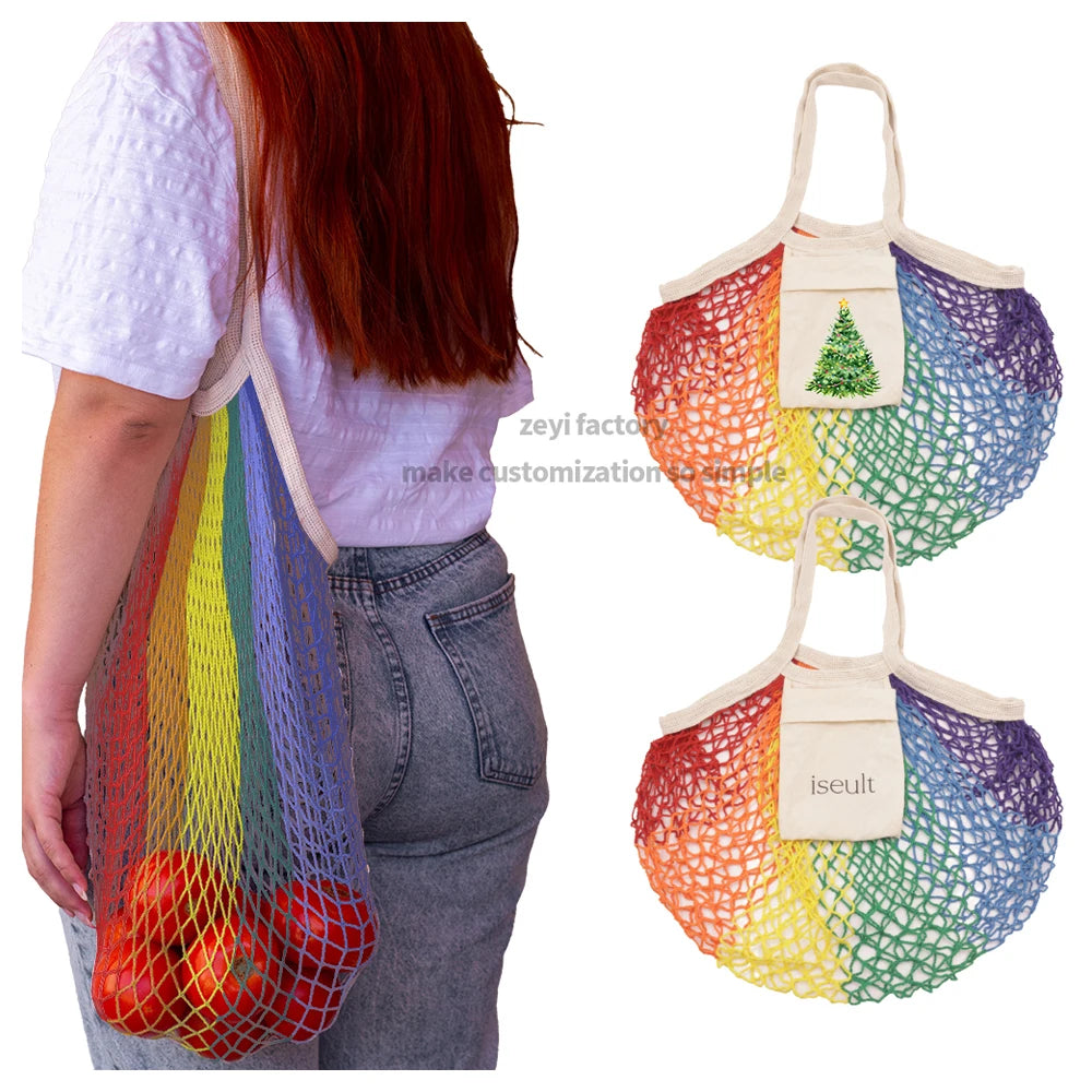 Custom Logo Rainbow Reusable Produce Bag With Pocket Organic Cotton Washable Net Bag Long Handle Net BagsReusable Shopping Bag