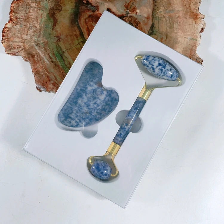 Hongzhuo Double Head Jade Blue Spot Gold Wire Roller Gua Sha Set Kit