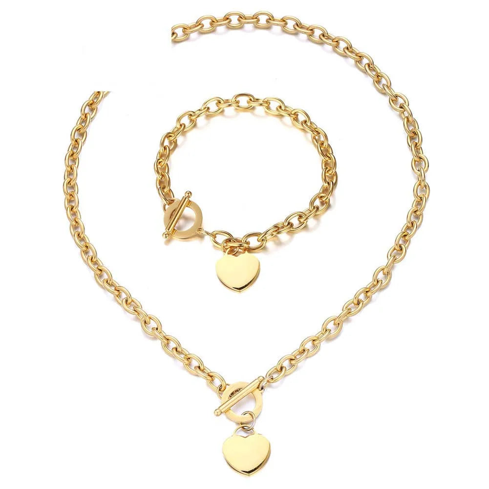 Love Heart Friendship Bracelet Necklace Sets Women Gift Stainless Steel Engagement Wedding Party Chain Bracelets Toggle Clasp