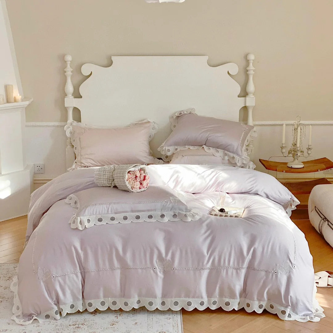 Customizable Advanced 100% Lyocell Fiber Blue Lace Comforter Cover Cool Purple Bed Sheets Embroidery Bedding Set Supplier