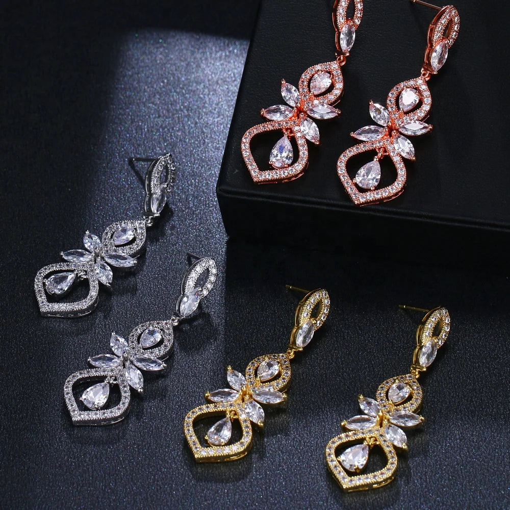 New Vintage Flower Cubic Zircon Earring Women Geometric Trendy Female CZ Crystal Water Drop Earrings Bridal Wedding Jewelry