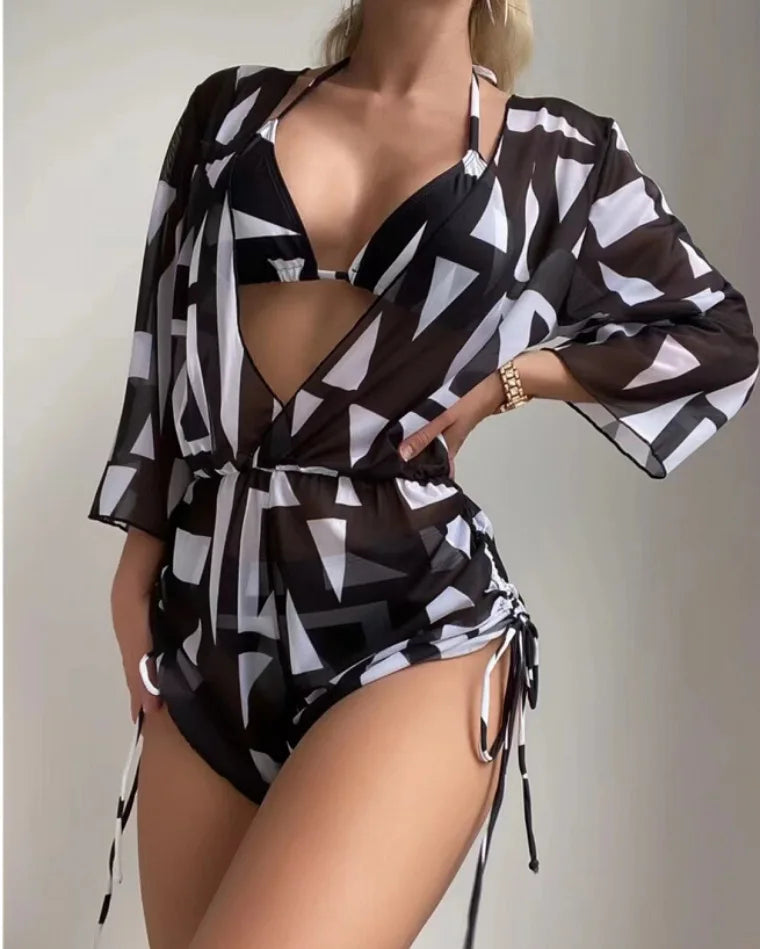 European and American Swimsuits Feminine Three Piece Style Collar Print Waist Tie up Short Skirt Set