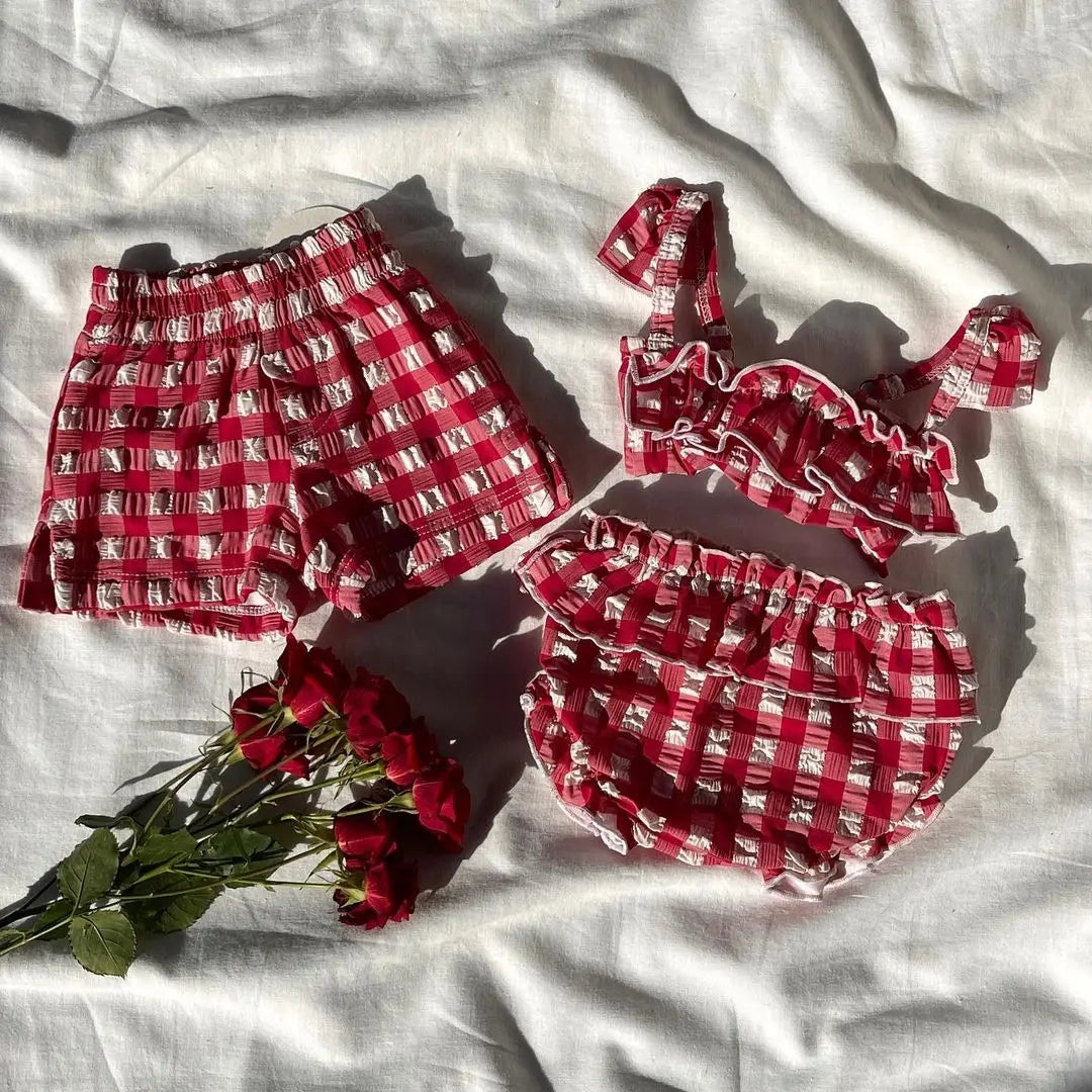Custom LOGO Kids Floral Striped Checkered Ruffle Strap Bikini 2-Piece Set Quick Dry Eco-Friendly Recyclable Fabric Swimwear