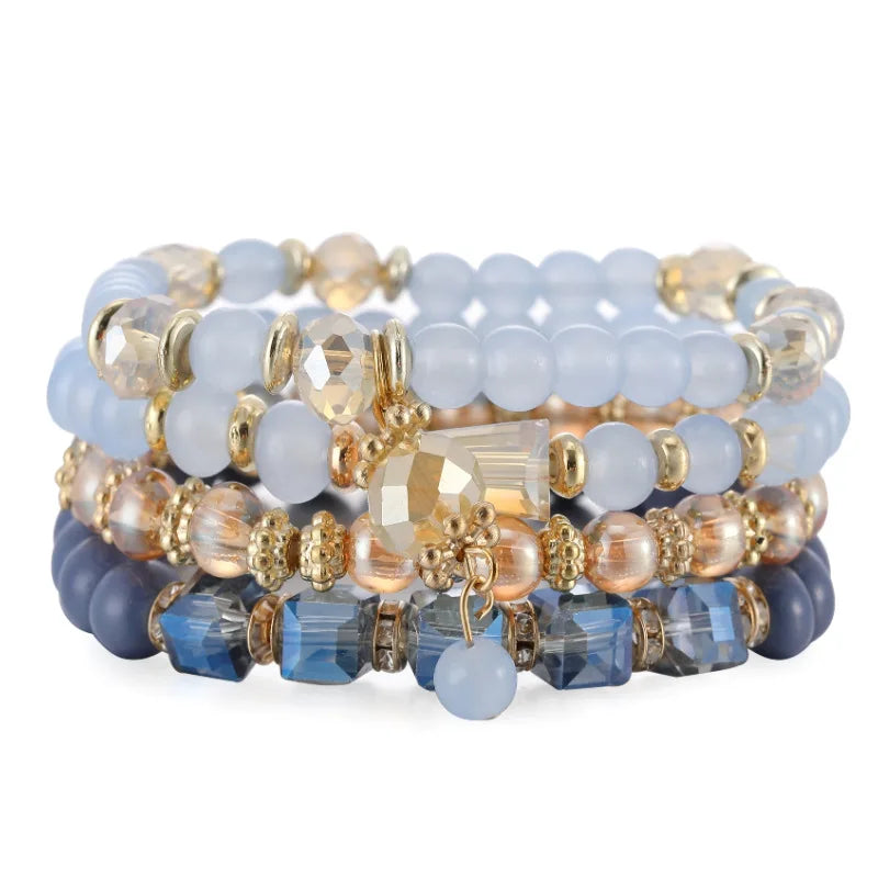 4pcs/set Wholesale Bohemia Fashion Handmade Multi Layered Colorful Crystal Stone Elastic Bracelet for Women Jewelry