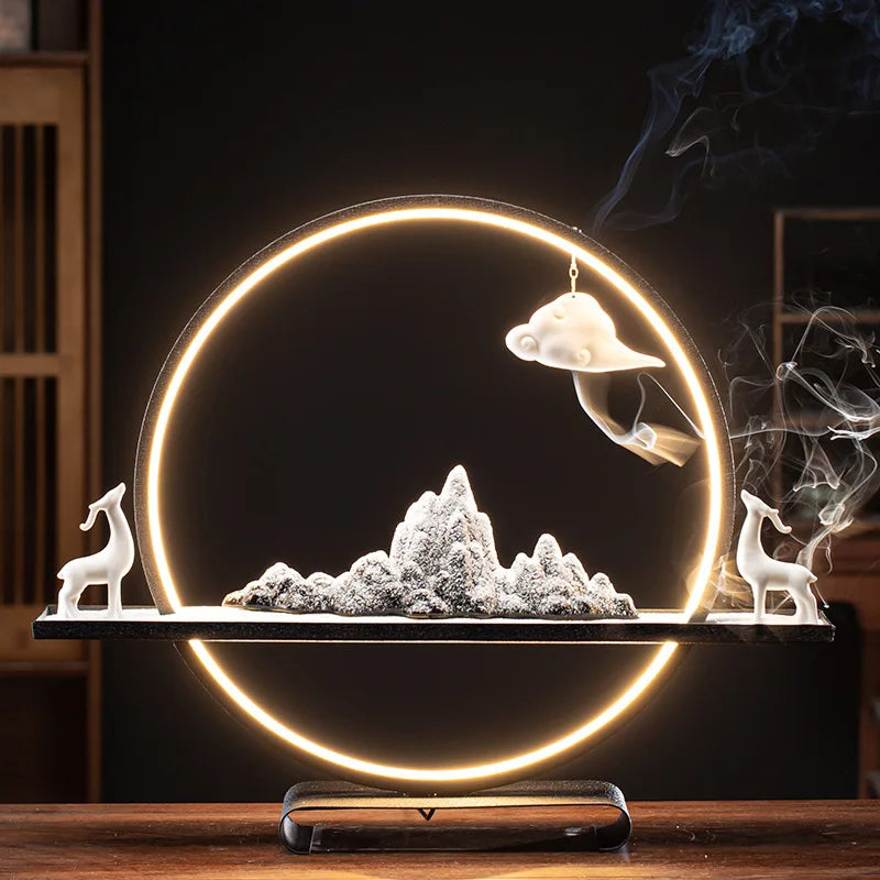 Zen Yoga Meditation Figure of Deer Back Flow Holder Waterfall Backflow Led Light Ceramic Incense Burner
