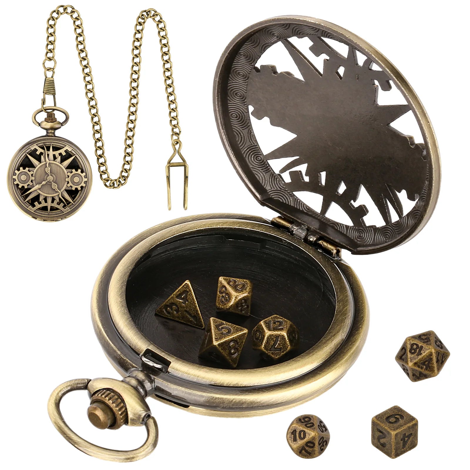 Hollow Gear Steampunk Pocket Watch Case Metal Micro Polyhedral Dice Set for DnD Dice D&D Dice Set for Party
