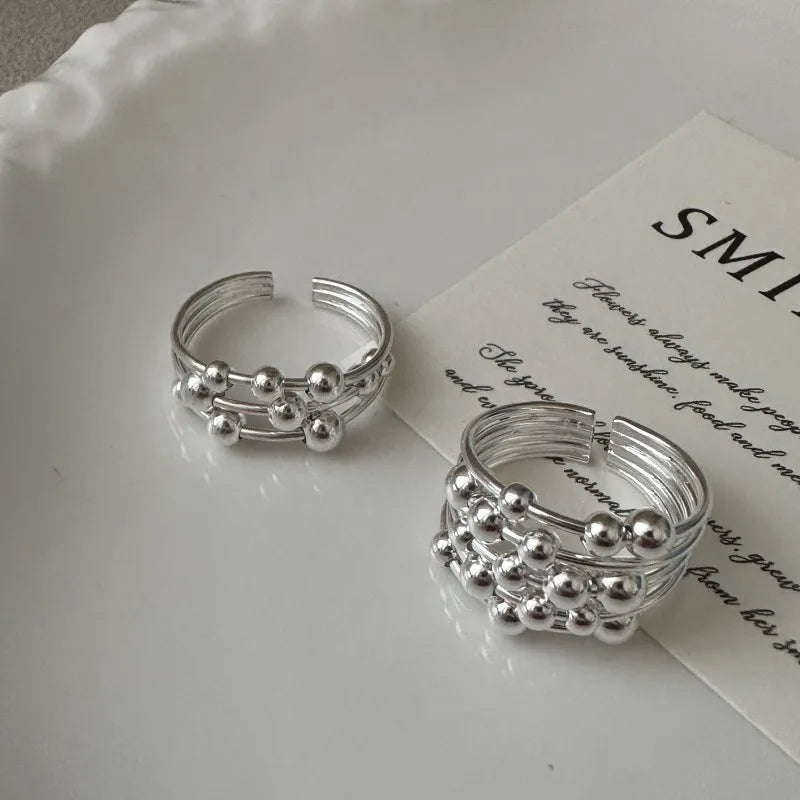 Vintage Multi-layer Handmade Ball Open Adjustable 925 Sterling Silver Ring for Women Gifts MegaBDM