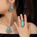 Retro Big Turquoise Carved Necklace Earrings Ring Jewelry Set Bohemian for Women Classics Chain Necklace Tribal Simple Earring