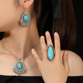 Retro Big Turquoise Carved Necklace Earrings Ring Jewelry Set Bohemian for Women Classics Chain Necklace Tribal Simple Earring