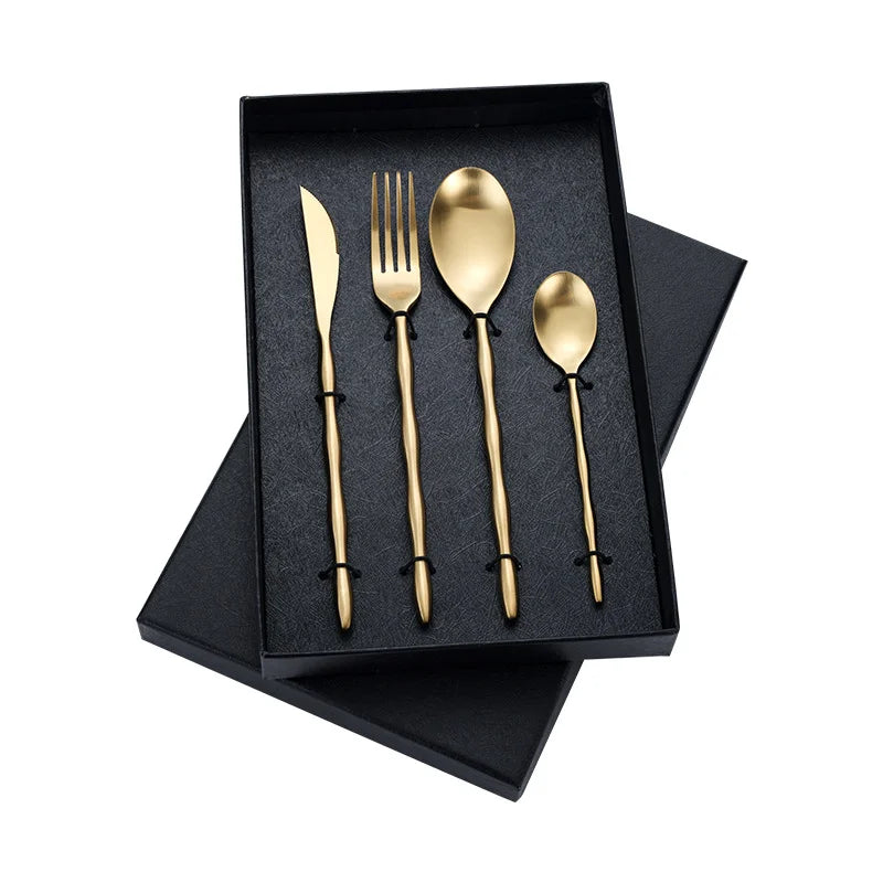 Creative Bamboo Handle 304 Stainless Steel Flatware Set Steak Knife and Fork Silverware Gold Cutlery Set