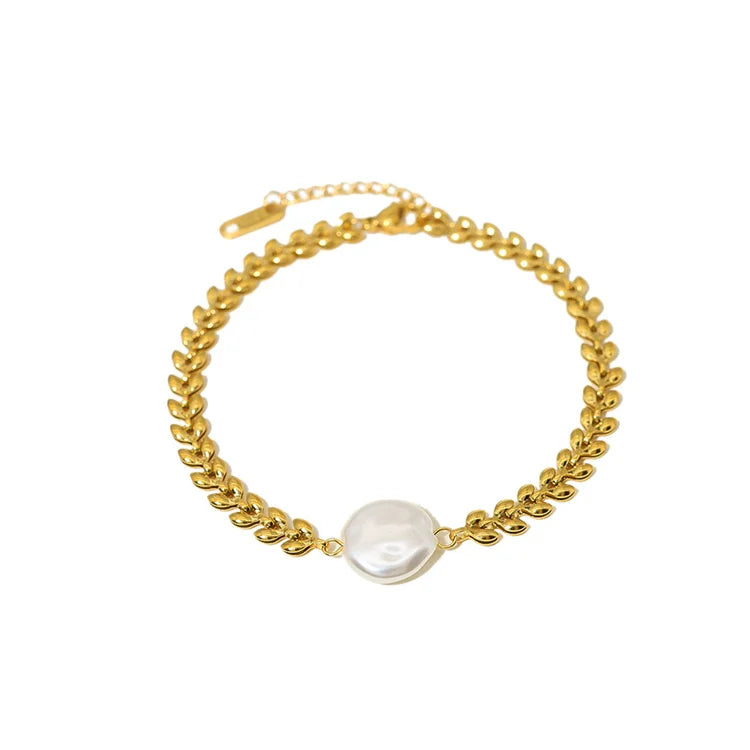 Wholesale Stainless Steel Link Chain Freshwater Pearl Charm Pendant Bracelet Jewelry