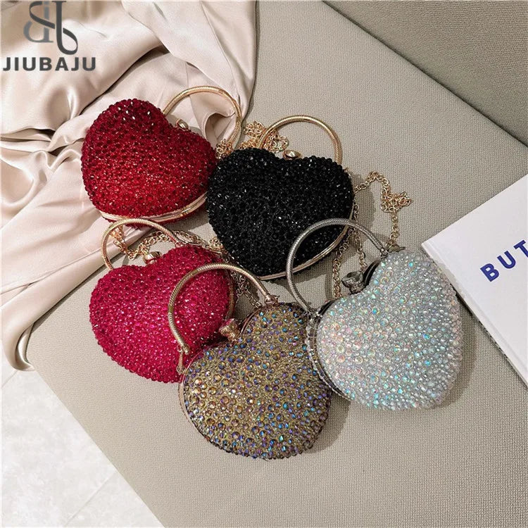 Luxury Diamond Inlay Heart Shape Crystal Clutch Purse Stones Evening Wedding Party Shoulder Bag Handle Rhinestone Mini Handbags