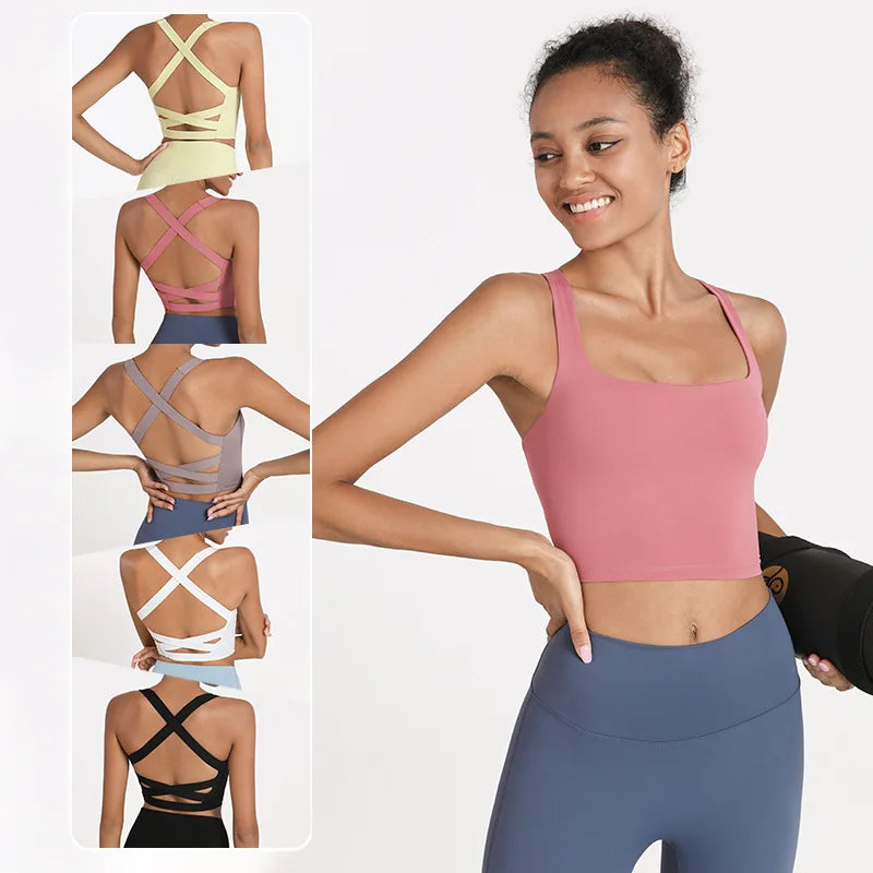 SHINBENE CROSS Athletic Yoga Bras Crop Top Women Push up Padded Gym Fitness Workout Sport Bras