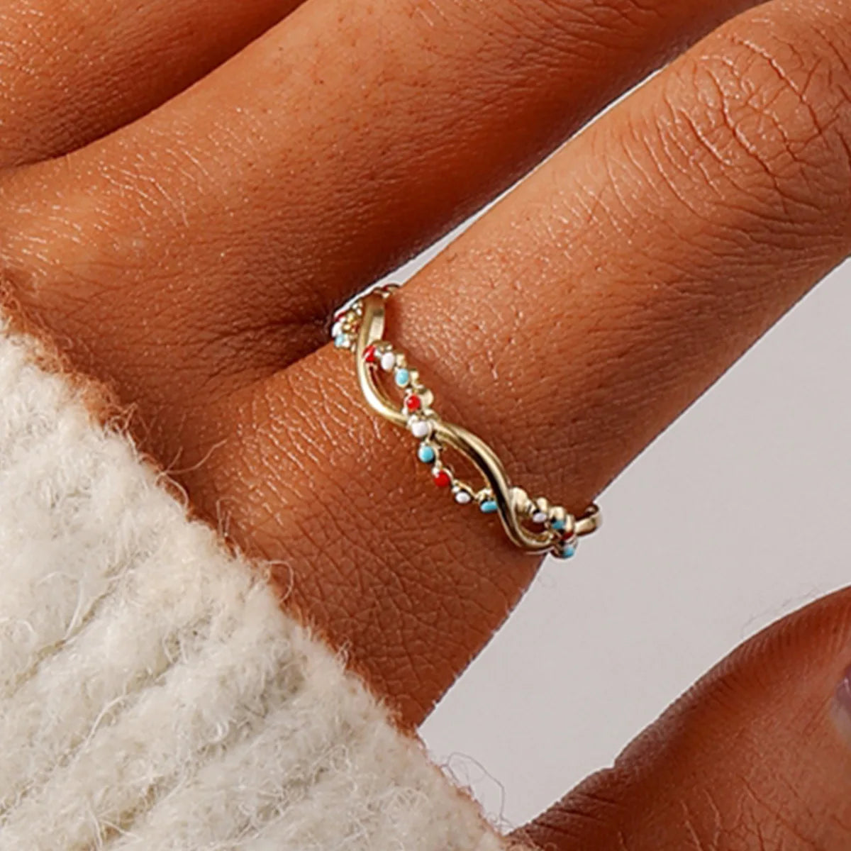 Beimai OEM Ring Colorful Oil-drip Dot Twisted Open Stainless Steel Gold-plated Adjustable Ring