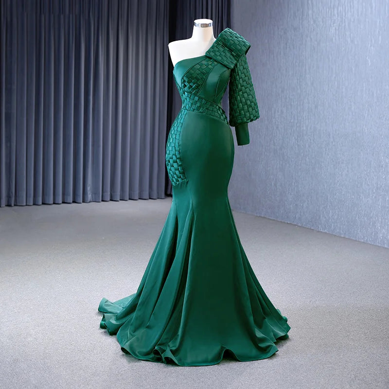 Rsm222163 New Design One Shoulder Evening Dress Vintage Green Woven Satin Mermaid Evening Dress