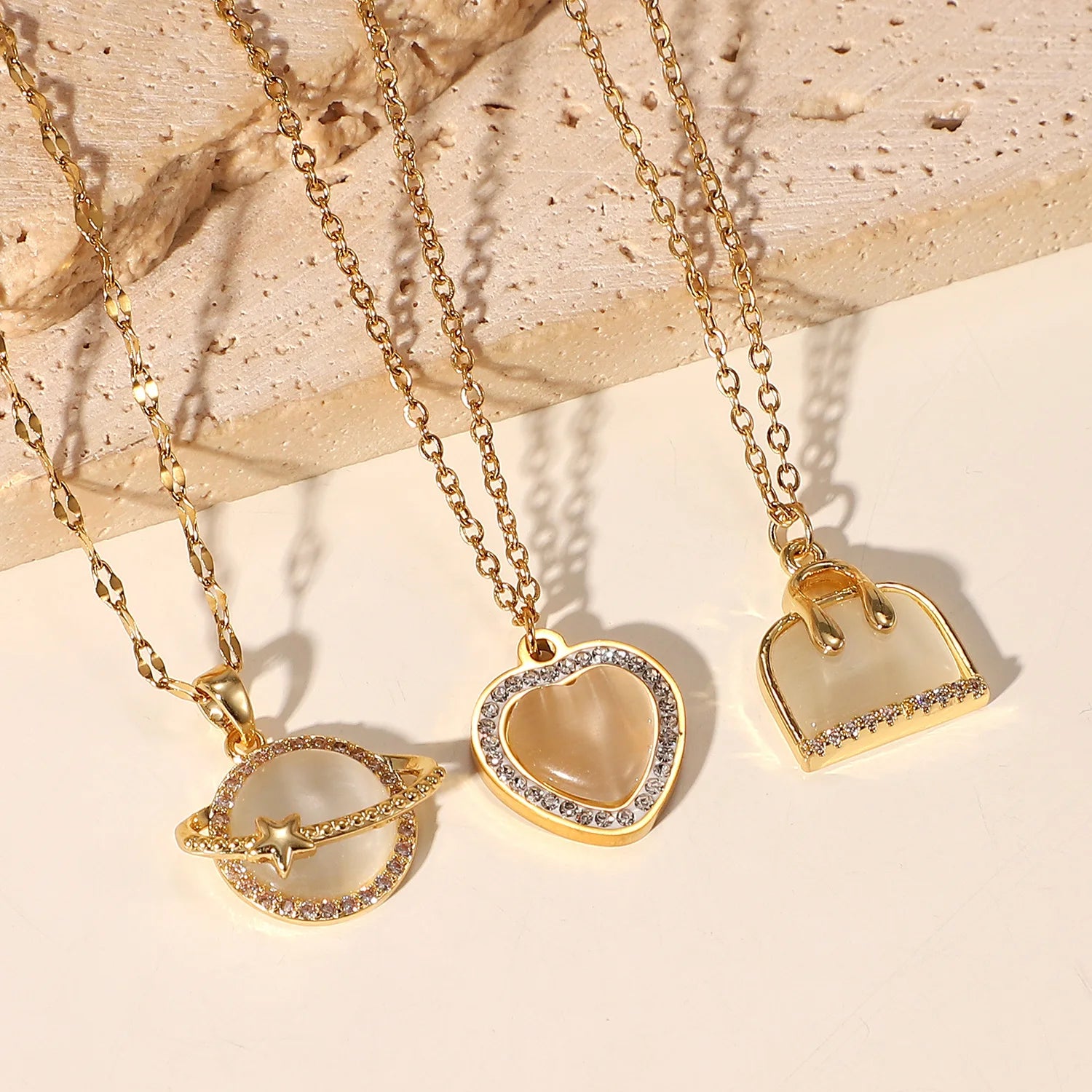 Luxury Natural Opal Heart Pendant Stainless Steel Planet Necklace for Women 18K Gold Plated Charm Chic Jewelry