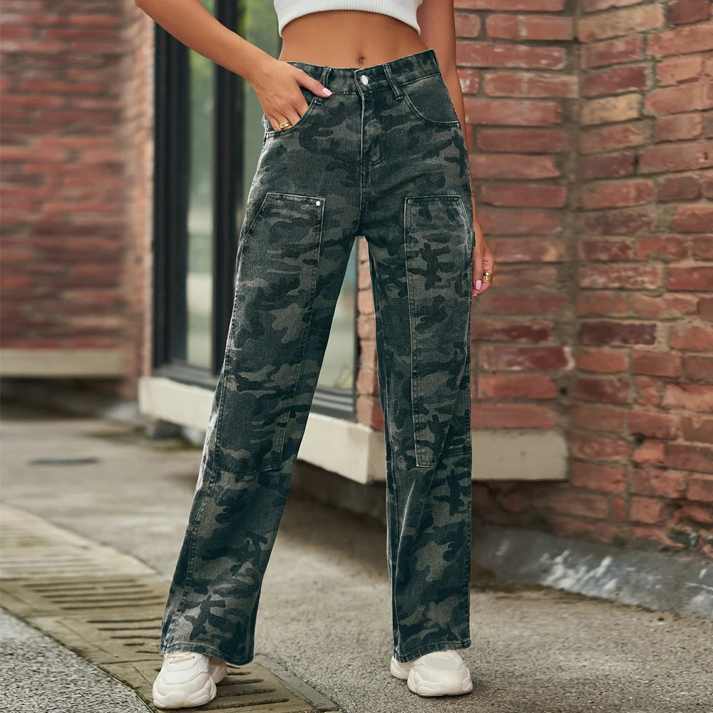 Lady Casual Mid Waist Washed Front Long Big Pockets Loose Straight Leg Hiphop Jeans Camouflage Cargo Pants Women