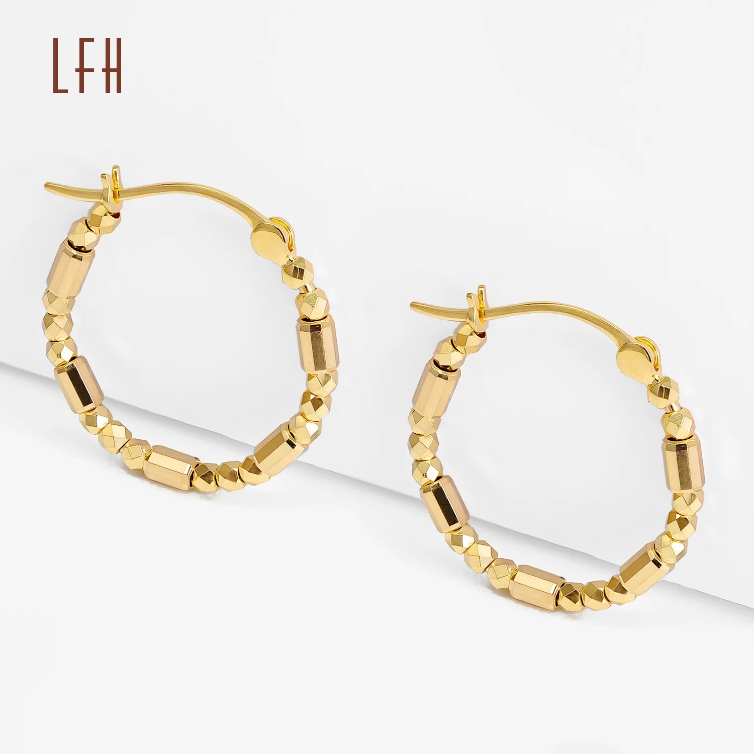 Au750 Big Hoop Earring 18k Real Gold Geometric Square Beads Mini Hoop Earring for Women 18k Pure Gold Metal Hoop Earrings