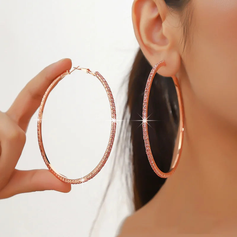 European and American Fashion Exaggerated Big Round Hoop Earrings for Women Shiny Rhinestone Exquisite Crystal Earrings