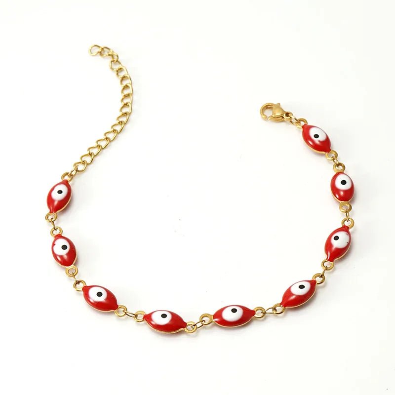 Wholesale Women's 18K Gold PVD Gold Plated Evil Eye Charm Stainless Steel Bracelet Colorful Red Blue Tint Fashionable