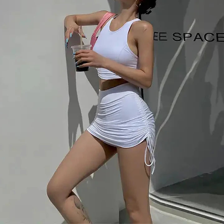Wholesale Fashion Crop Tops and Mini Skirt Outfit Causal Summer Two Piece Skirt Set with Drawstring