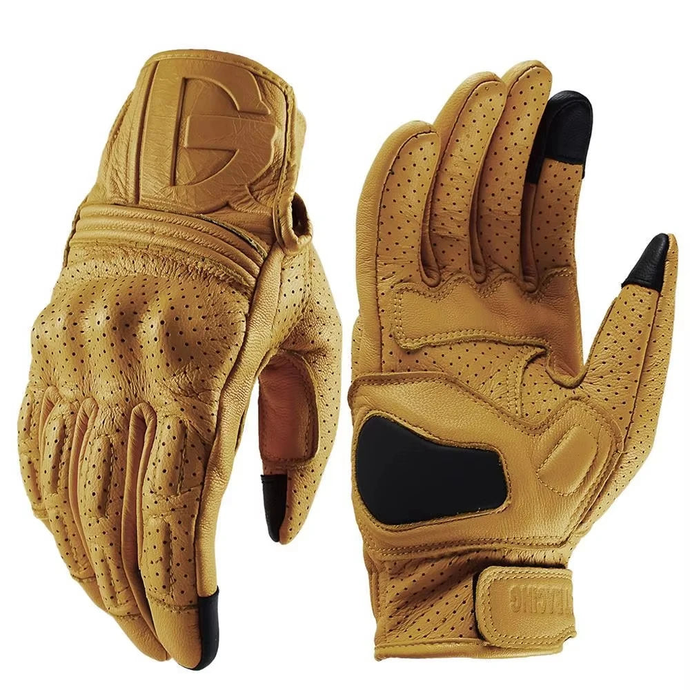 Vintage Leather Motorcycle Riding Gloves Man Touchscreen Motocross Gloves Hard Shell Protective Motorbike Gloves Wear-resistant