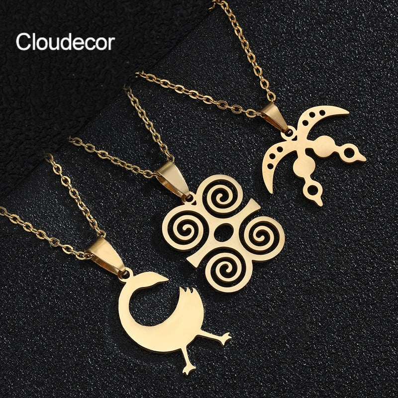 Adinkra Symbols 18K Gold Necklace Fashion Jewelry Stainless Steel Pendant Trendy Link Chain for Men Women for Anniversaries 2021