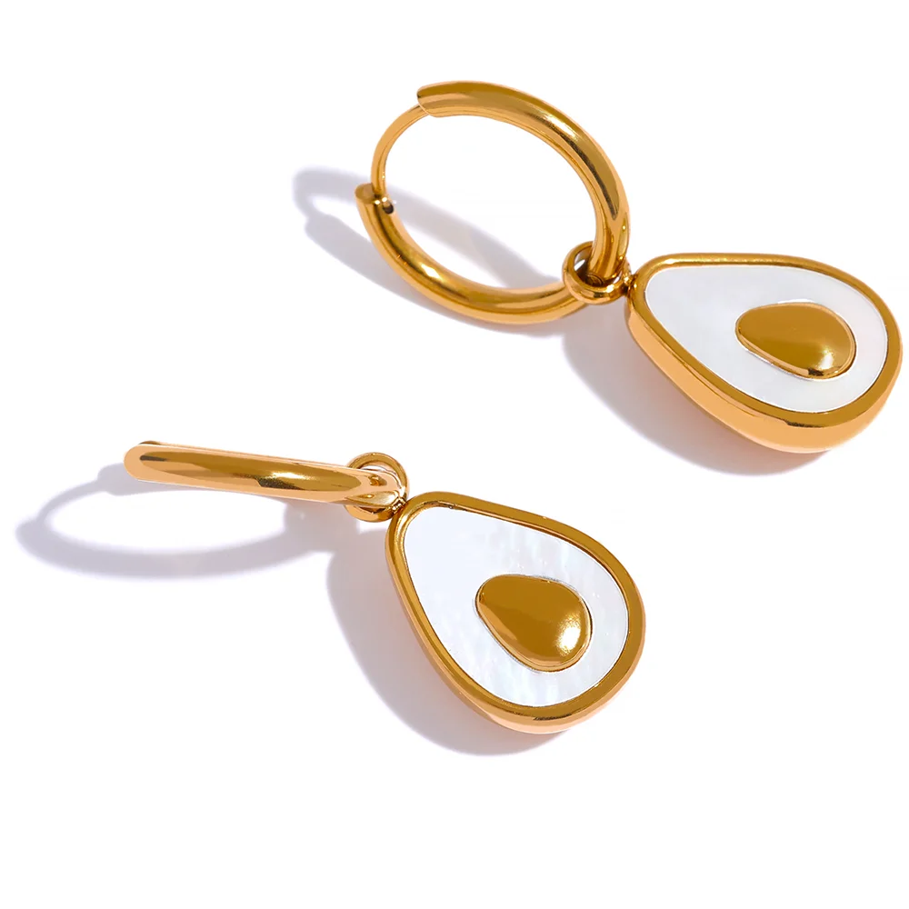 JINYOU 019 Golden Avocado Drop Stainless Steel Fruit Huggie Hoop Earrings for Women Natural Shell Fashion Charm Cute Jewelry