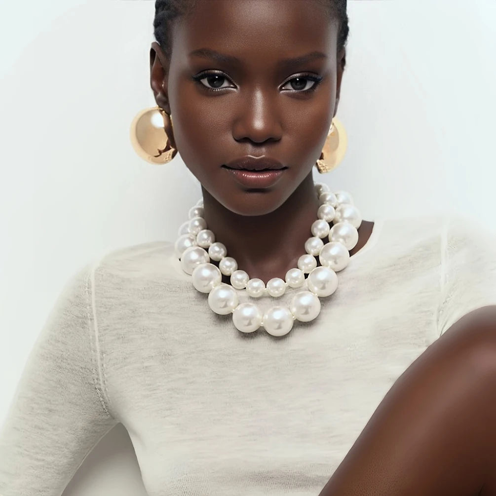 Large Style Big Imitation Pearl Strand Choker Necklace With Gold Plated Big Round Stud Earrings Set Fashion Accessories