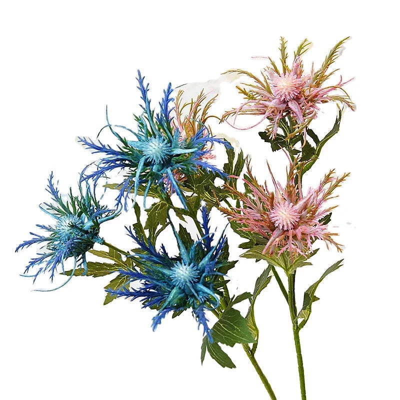 Home Decorative 3 Heads Plastic Plants Artificial Flowers Thistle With Cheap Price