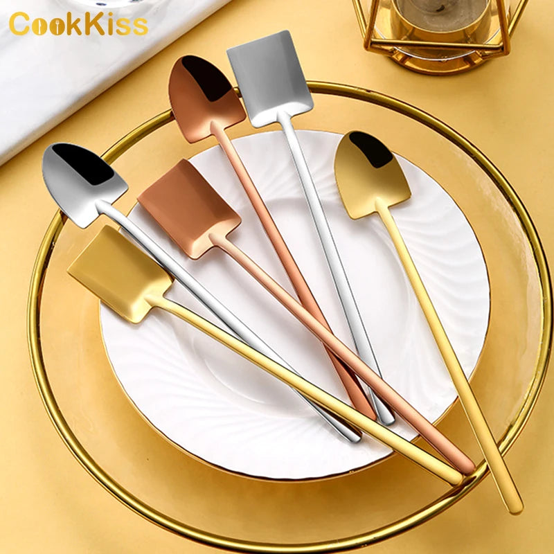 Colorful Shovel Shaped Dessert Spoons Stainless Steel Eco-Friendly Modern Laser Logo Tea & Coffee Long Spoons