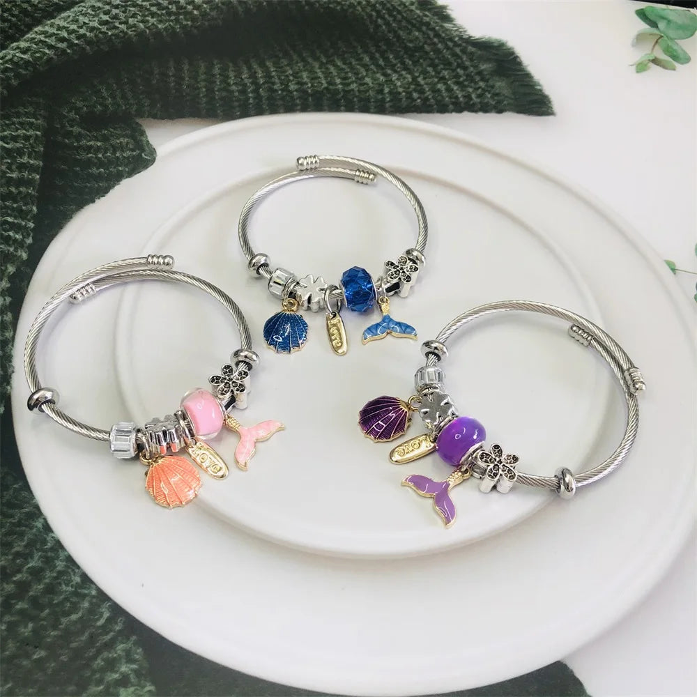 3 Color Blue Purple pink Fishtail Shell Stainless Steel Beads Girls Bracelet