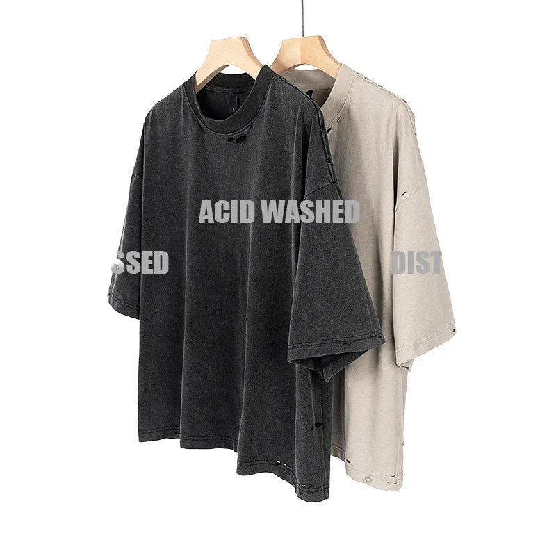 Drop Shoulder Boxy T-shirts 10 oz 100% Cotton Knitted Print Acid Washed Oversized Vintage Bulk T-shirts