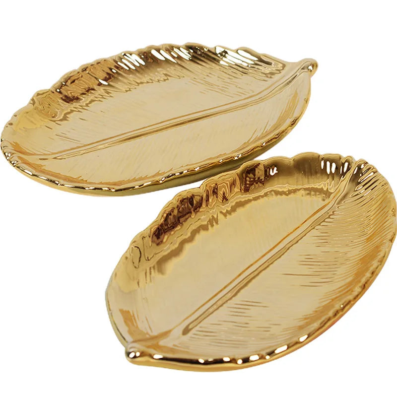 Light Luxury Golden Leaf Ceramic Storage Box Golden Leaf Jewelry Tray Dry Fruit Dish Desktop Home Furnishings