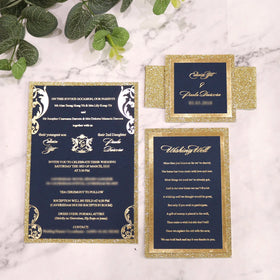 Customized Luxury Wedding Glitter Paper Invitations 5*7 Inches Black RSVP Cards Belly Gold Foil Text Printed Music Angel Cross