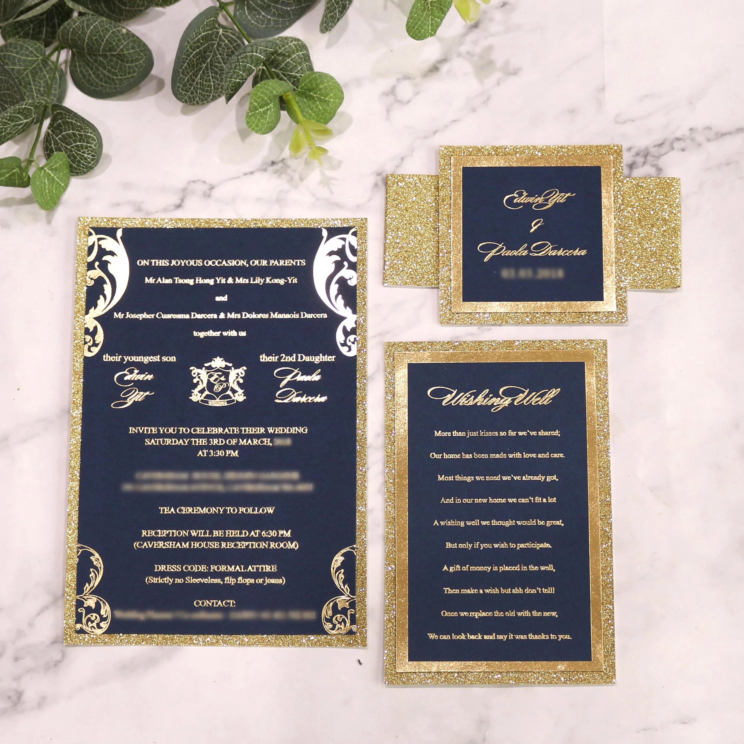 Customized Luxury Wedding Glitter Paper Invitations 5*7 Inches Black RSVP Cards Belly Gold Foil Text Printed Music Angel Cross