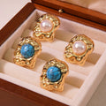 HOVANCI 18K Waterproof Stainless Steel Jewelry Chunky Clean Fit Geometric Round Turquoise Blue Pearl Stud Earring
