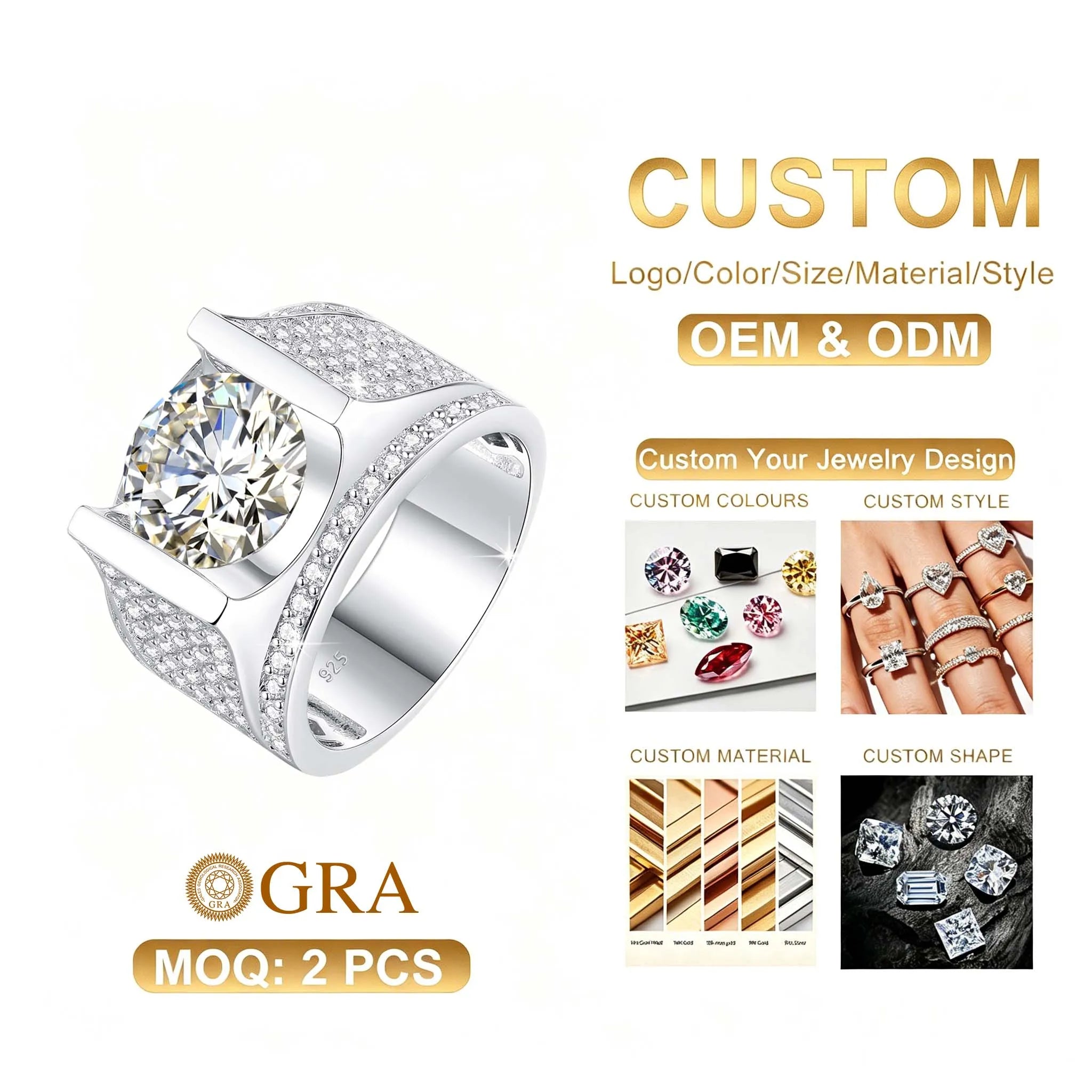 Hip Hop Luxury Jewelry Personalized Sparkling Multi Stone 925 Sterling Silver Gold Plated Engagement Wedding Men Moissanite Ring