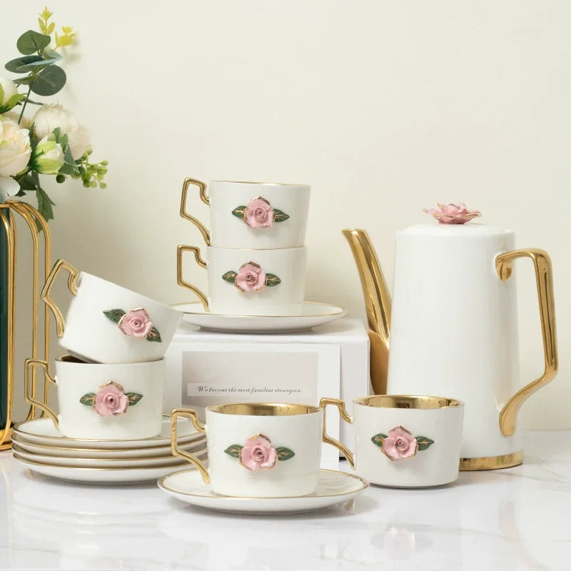 Luxury Handmade Flower Tea Set New Porcelain Cup and Saucer Ceramic Afternoon Tea Pot for Gift Coffee & Tea Sets