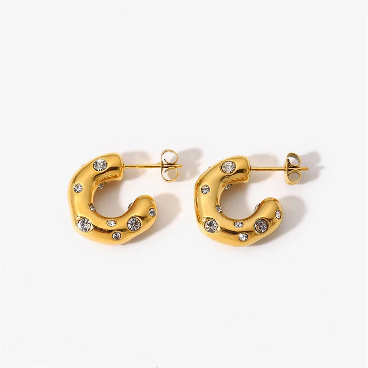 Fashion c Shape Gold Plated Tubes Earring Stainless Steel Crystal Diamond Stud Ladies Earrings MegaBDM