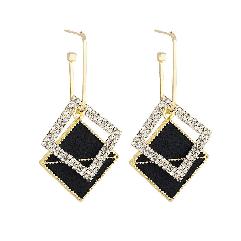 New Korean Double Rectangle Exaggerated Design Earrings Diamond Geometric Square Dangle Earrings for Women