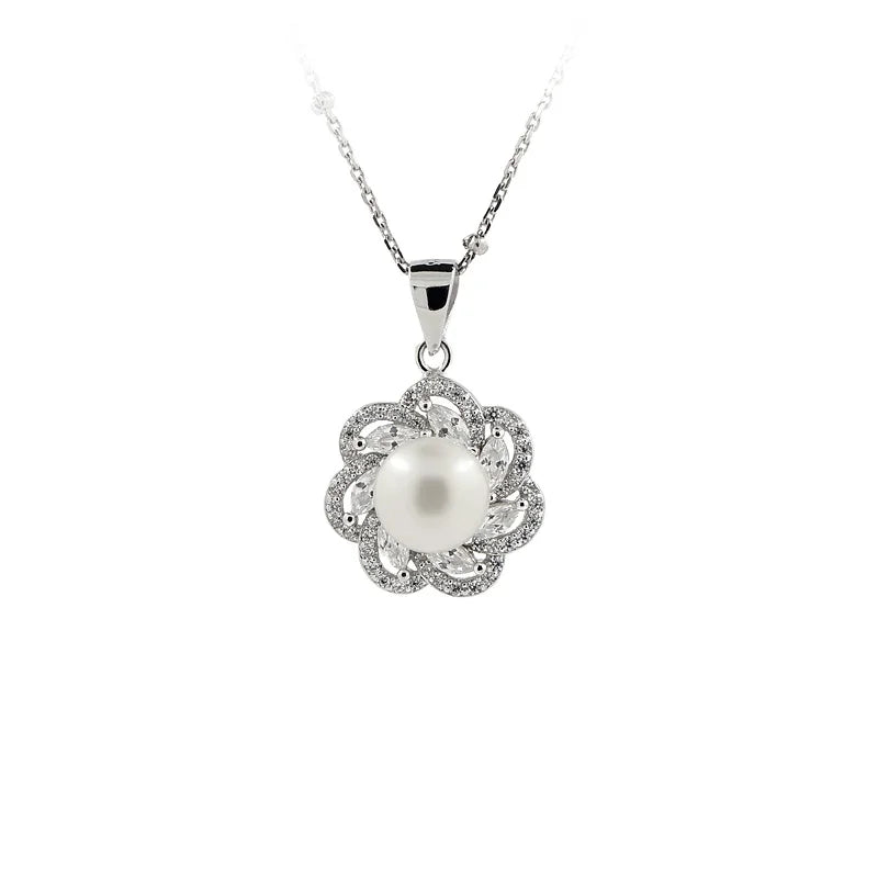 PPA2-013 Flower CZ Silver 925  Freshwater Pearl Necklace  Fine Jewelry Pearl Pendants & Charms for Women